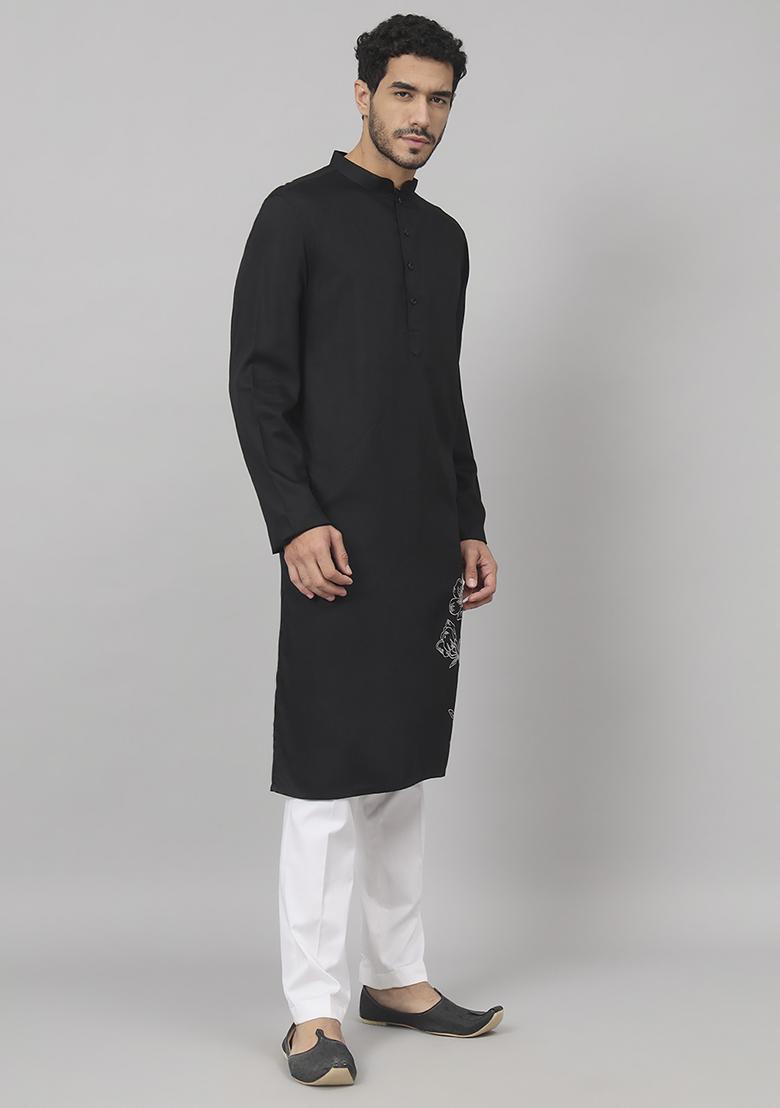 Black Stem Embroidered Cotton Kurta For Men