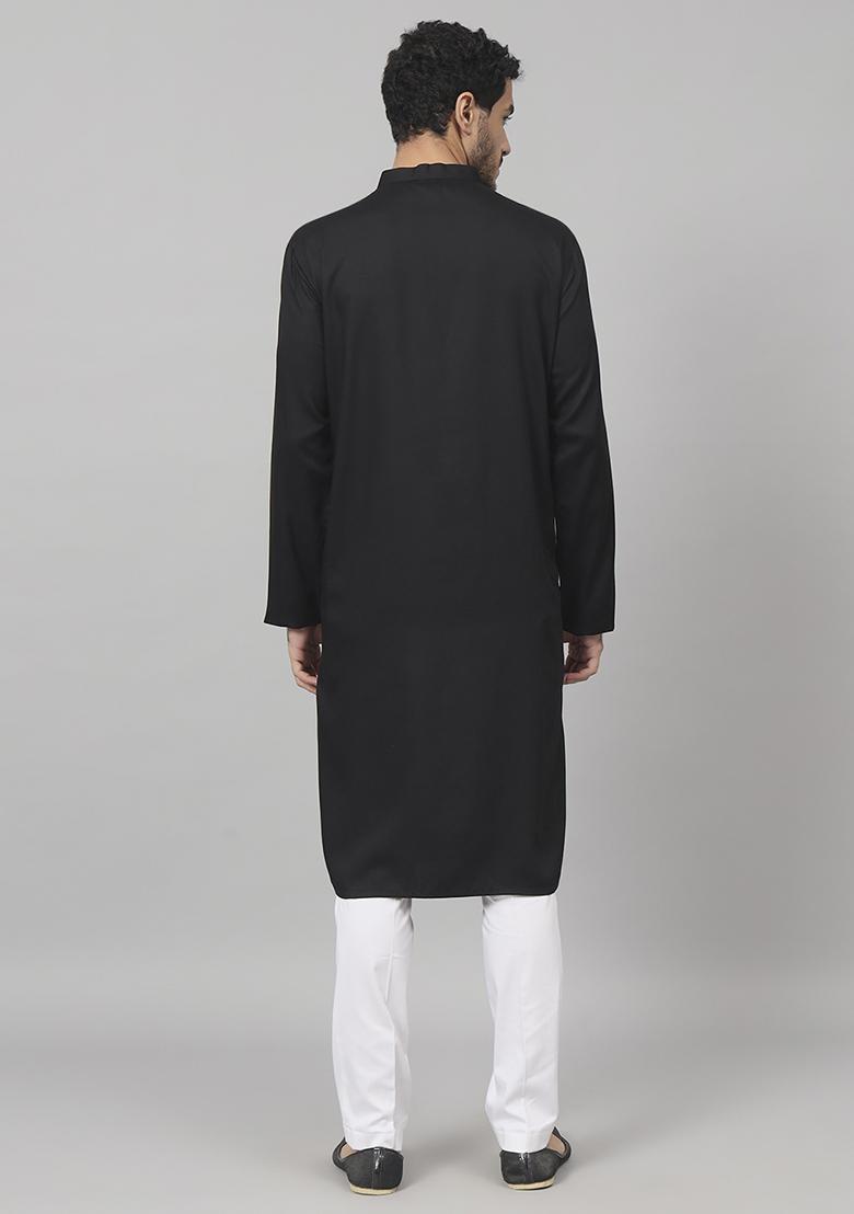 Black Stem Embroidered Cotton Kurta For Men