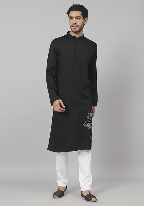 Black Stem Embroidered Cotton Kurta For Men