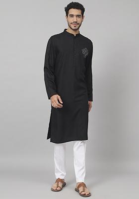 Black Coal Embroidered Cotton Kurta For Men