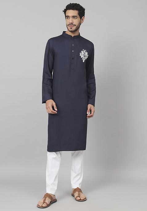 Navy Blue Classic Embroidered Cotton Kurta For Men