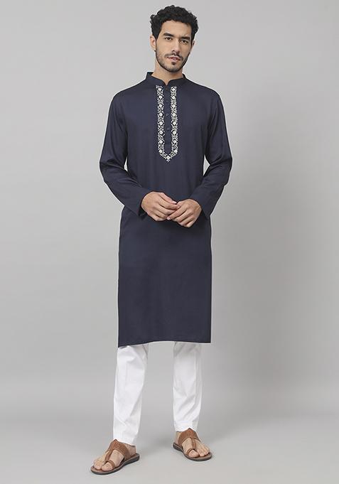 Navy Blue Neckline Embroidered Cotton Kurta For Men