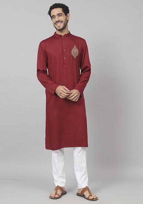 Maroon Embroidered Giza Cotton Kurta For Men