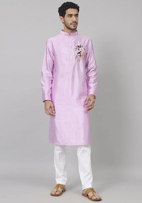 Lavender Twilight Thread Embroidered Raw Silk Kurta For Men