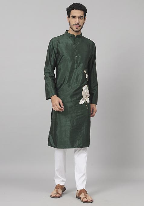 Green Embroidered Raw Silk Kurta For Men