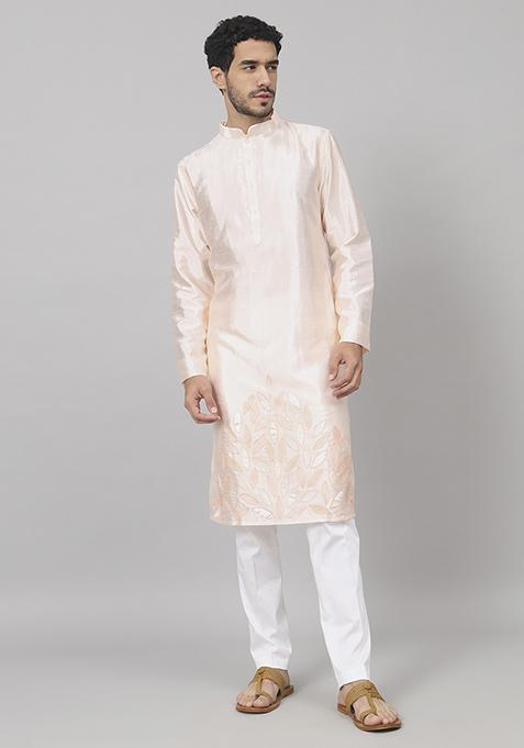 Peach Leafy Embroidered Raw Silk Kurta For Men