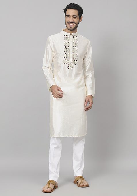 Off White Rein Embroidered Raw Silk Kurta For Men