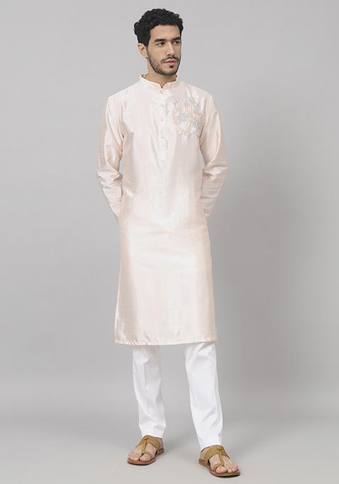 Peach Coral Charm Traditional Embroidered Silk Kurta For Men