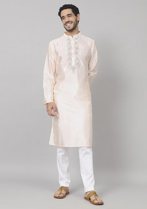 Peach Pastel Embroidered Silk Kurta For Men