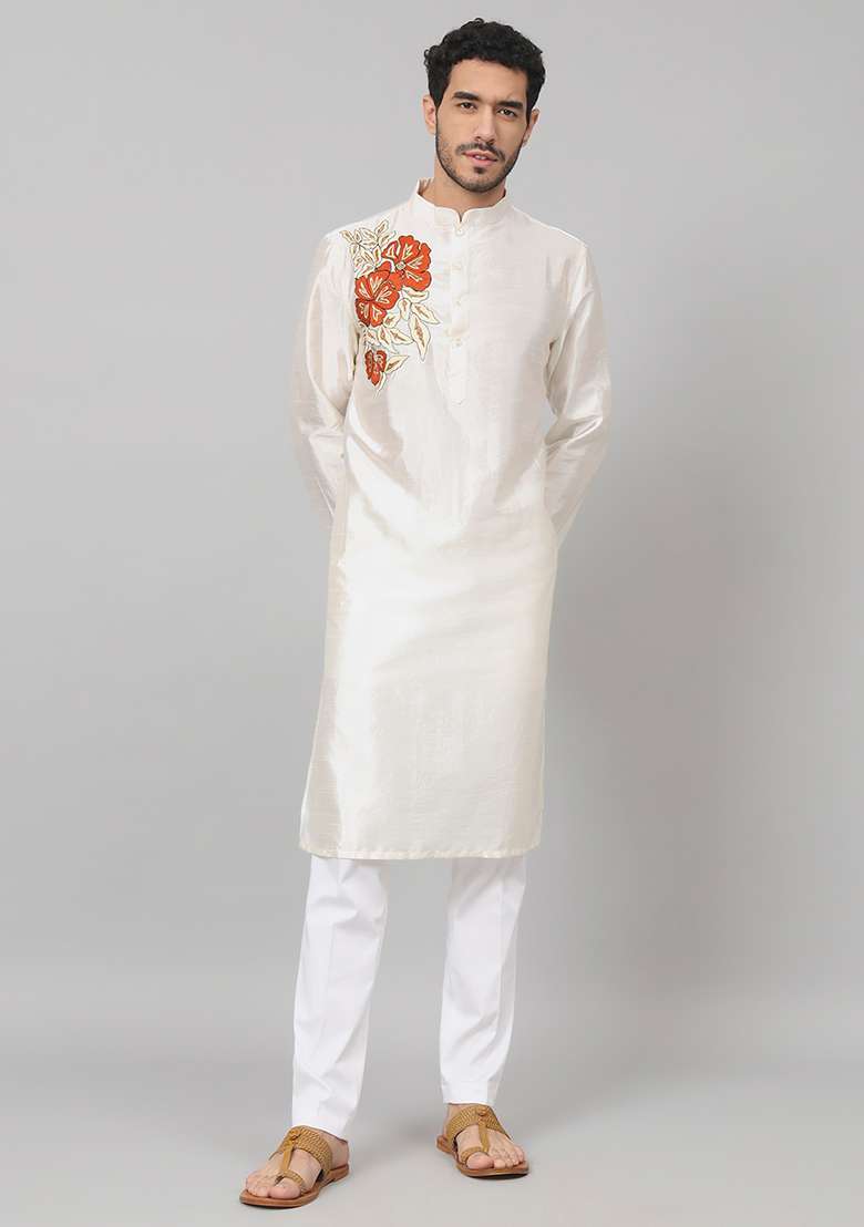 Off White Gilded Burst Classic Silk Blend Kurta For Men - Indya