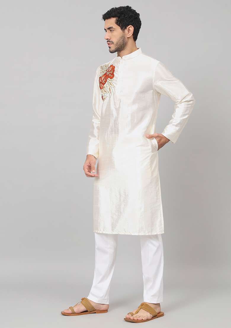 Off White Gilded Burst Classic Silk Blend Kurta For Men - Indya