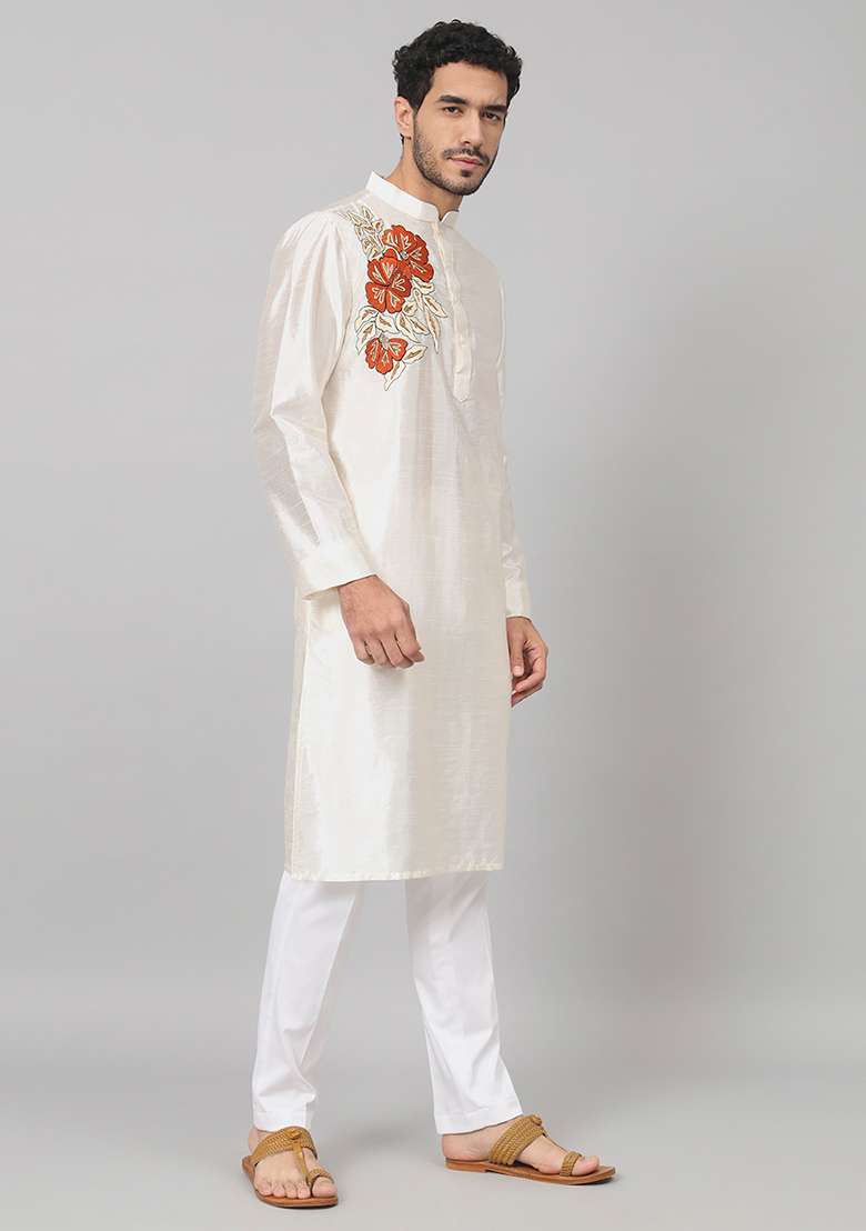 Off White Gilded Burst Classic Silk Blend Kurta For Men - Indya