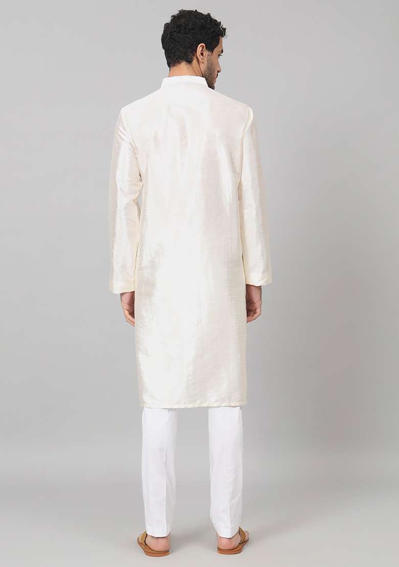Off White Gilded Burst Classic Silk Blend Kurta For Men - Indya