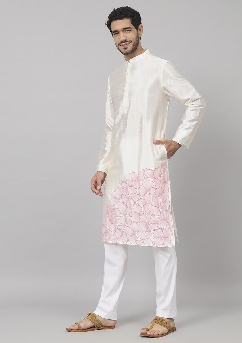 Off White Contour Patels Embroidered Silk Kurta For Men