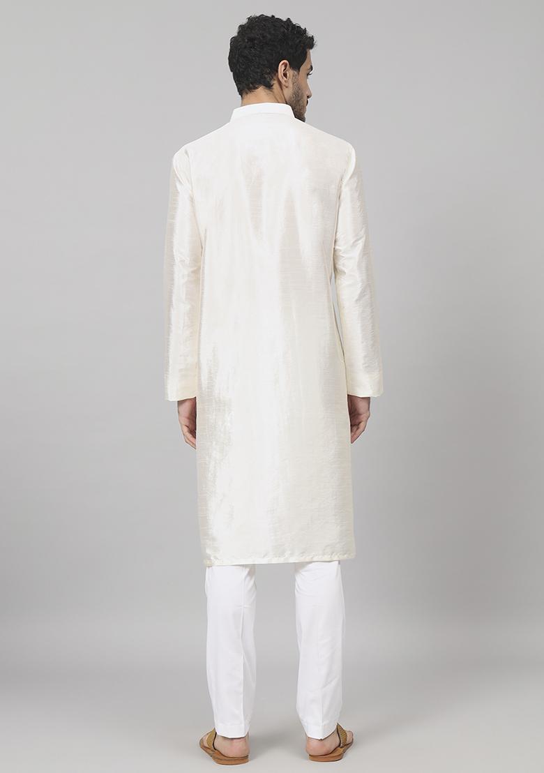 Off White Contour Patels Embroidered Silk Kurta For Men