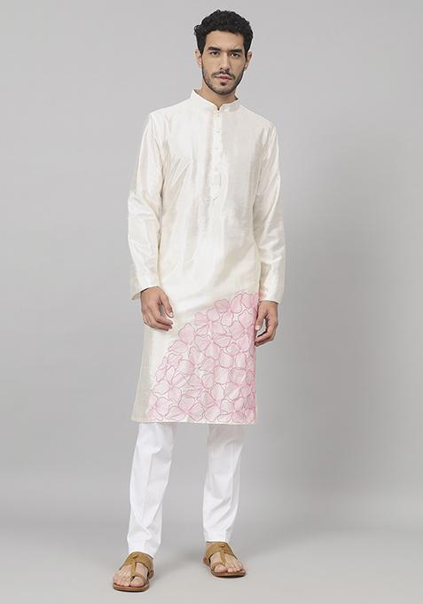 Off White Contour Patels Embroidered Silk Kurta For Men