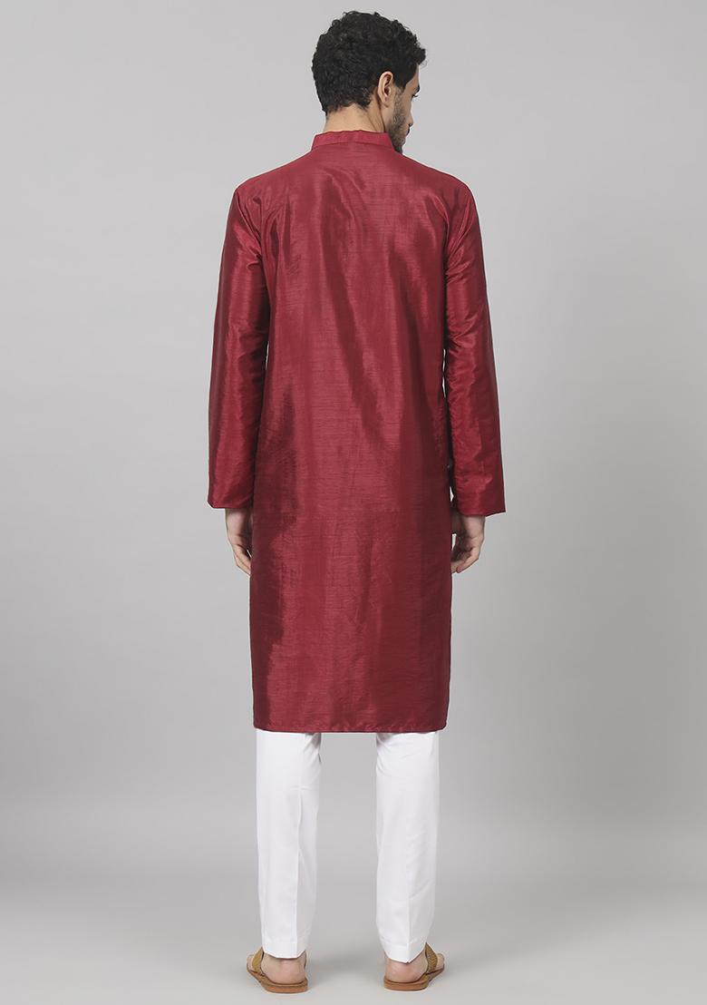 Maroon Traditional Embroidered Silk Kurta For Men