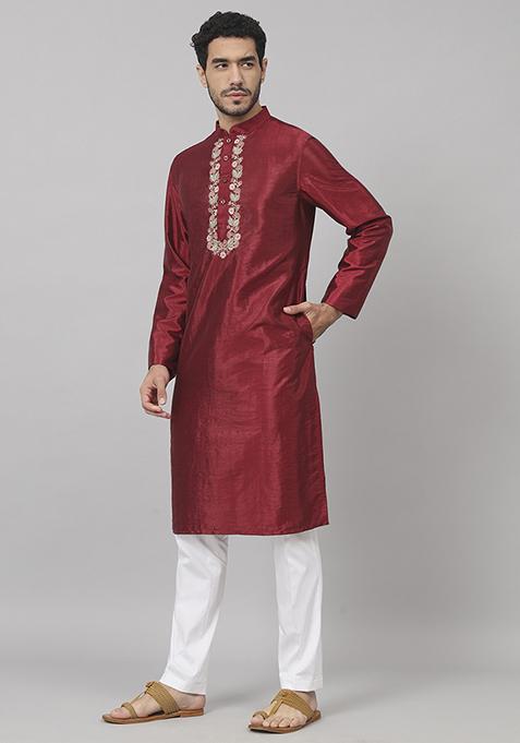 Maroon Traditional Embroidered Silk Kurta For Men