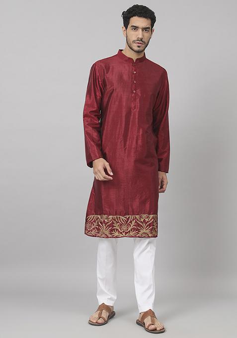 Maroon Zari Embroidered Silk Kurta For Men