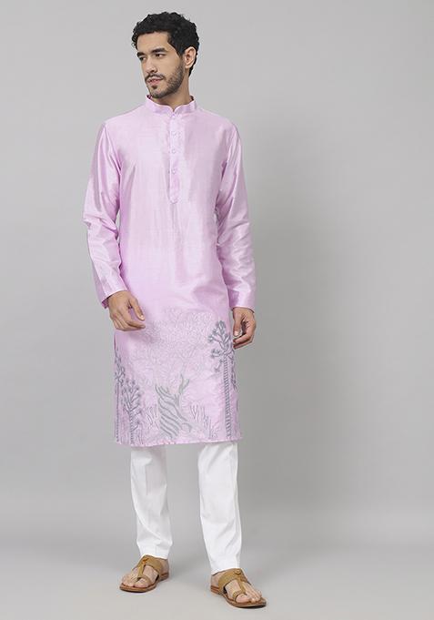 Lavender Orchid Embroidered Silk Kurta For Men