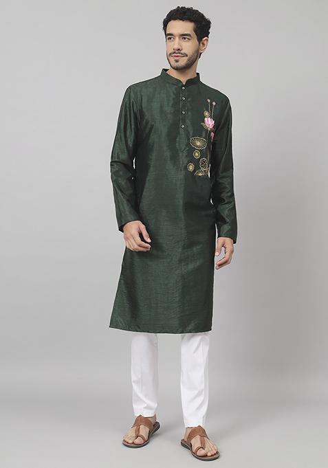 Green Dark Fern Embroidered Silk Kurta For Men