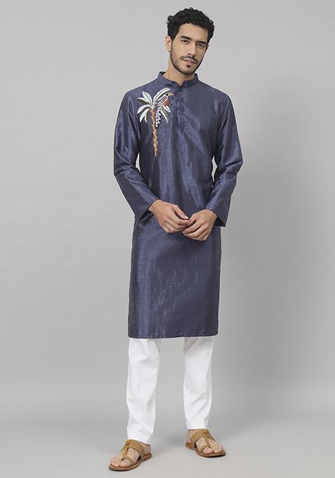 Blue Sapphire Embroidered Silk Kurta For Men