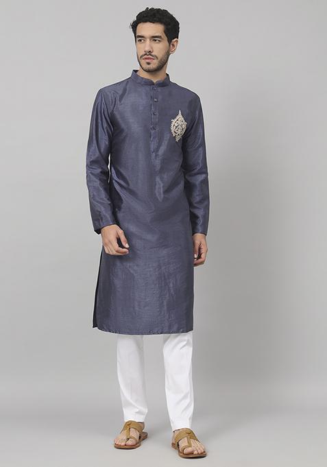 Blue Classic Embroidered Silk Kurta For Men