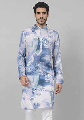 Blue Marble Embroidered Cotton Kurta For Men