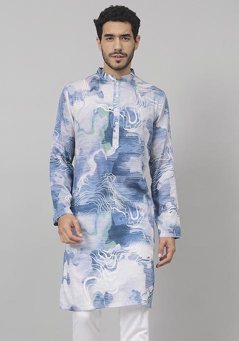 Blue Marble Embroidered Cotton Kurta For Men