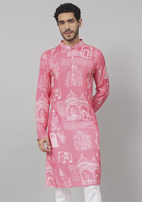 Pink Botanical Architecture Traditional Printed Silk Kurta For Men