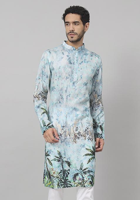 Blue Palm Tree Print Silk Kurta For Men