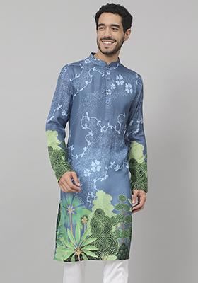 Electric Blue Tree Bark Classy Printed Silk Kurta For Men