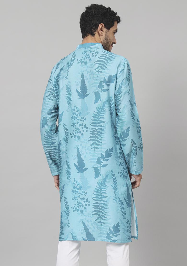 Blue Breezy Leaves Print Cotton Kurta For Men - Indya