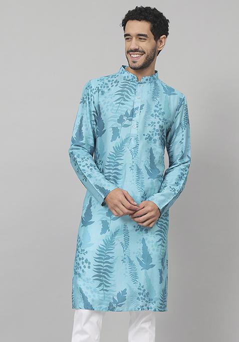 Blue Breezy Leaves Print Cotton Kurta For Men