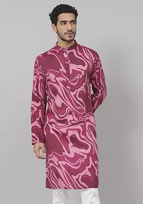 Mauve Abstract Marble Print Cotton Kurta For Men