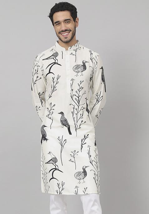 White Feathered Bird Print Cotton Kurta For Men