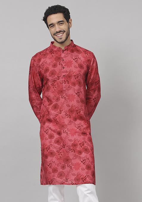 Deep Red Floral Print Silk Kurta For Men