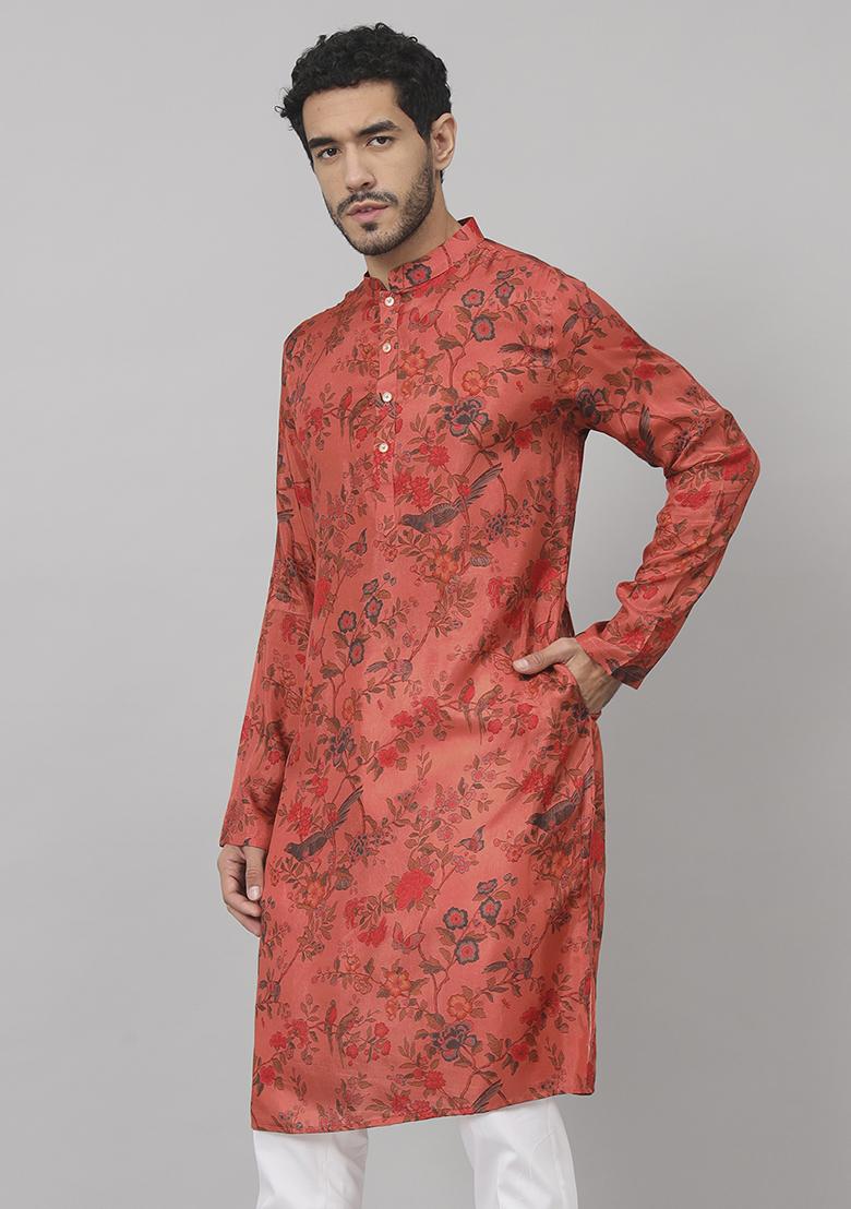 Orange Floral Jal Print Silk Kurta For Men
