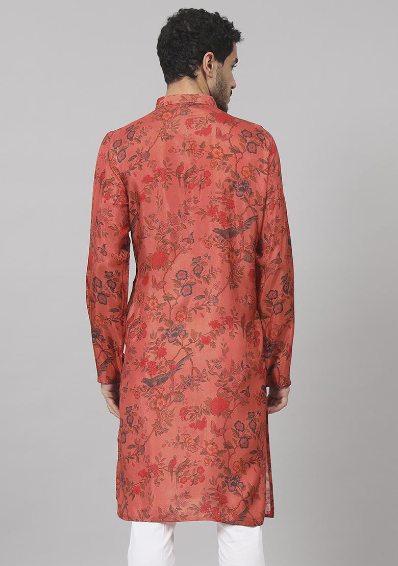 Orange Floral Jal Print Silk Kurta For Men