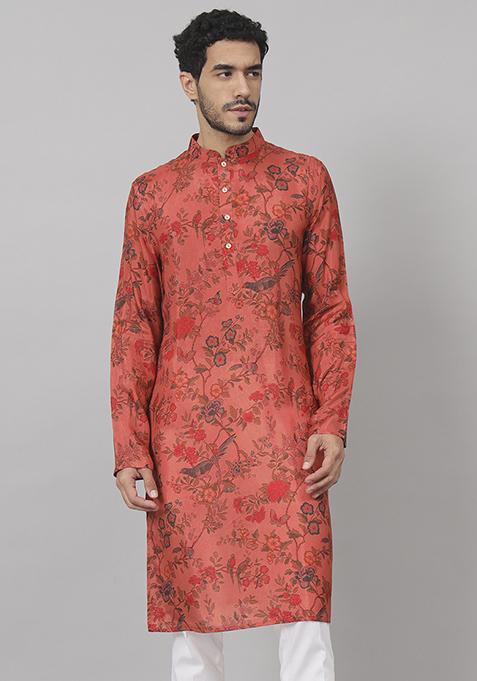 Orange Floral Jal Print Silk Kurta For Men