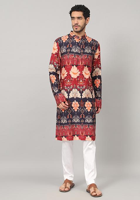 Blue Blossom Print Cotton Kurta For Men