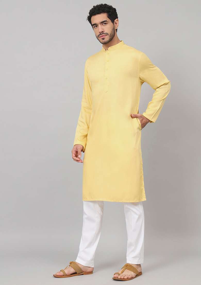 Yellow Giza Cotton Kurta For Men - Indya