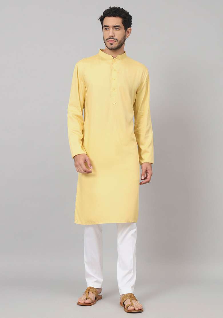 Yellow Giza Cotton Kurta For Men - Indya