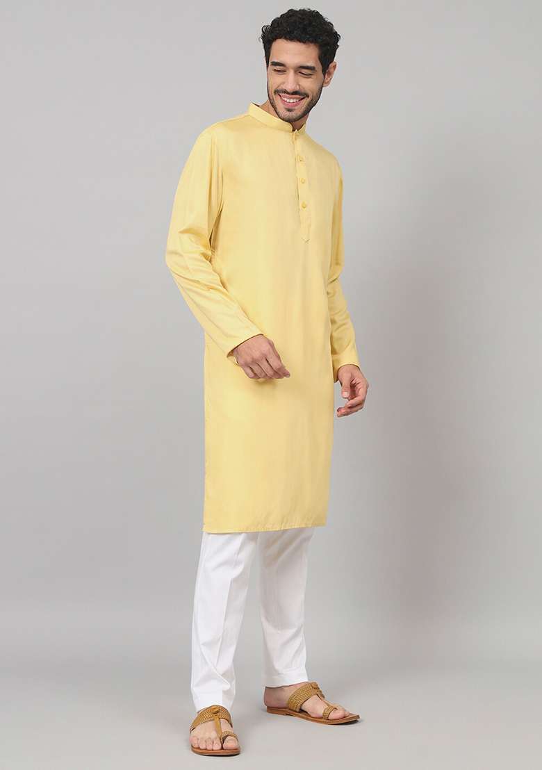 Yellow Giza Cotton Kurta For Men - Indya