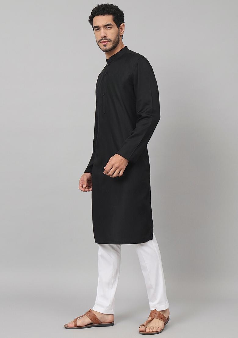 Black Giza Cotton Kurta For Men - Indya