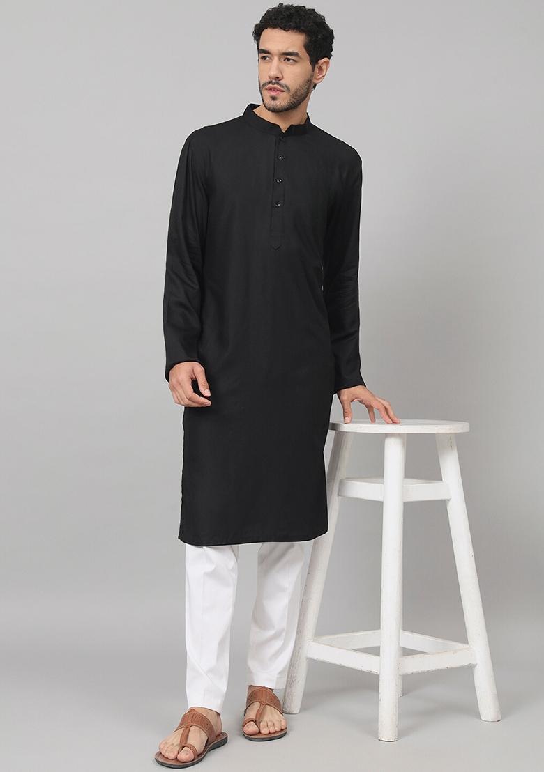 Black Giza Cotton Kurta For Men - Indya