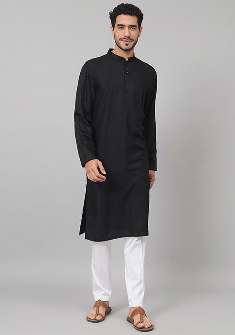 Black Giza Cotton Kurta For Men