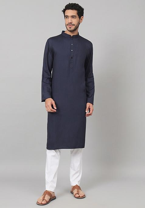 Navy Blue Giza Cotton Kurta For Men