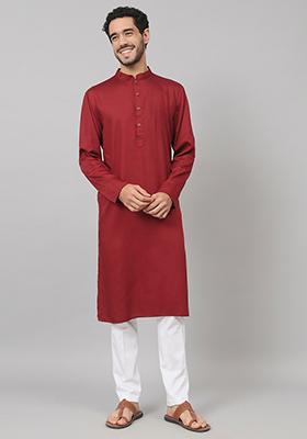 Maroon Giza Cotton Kurta For Men