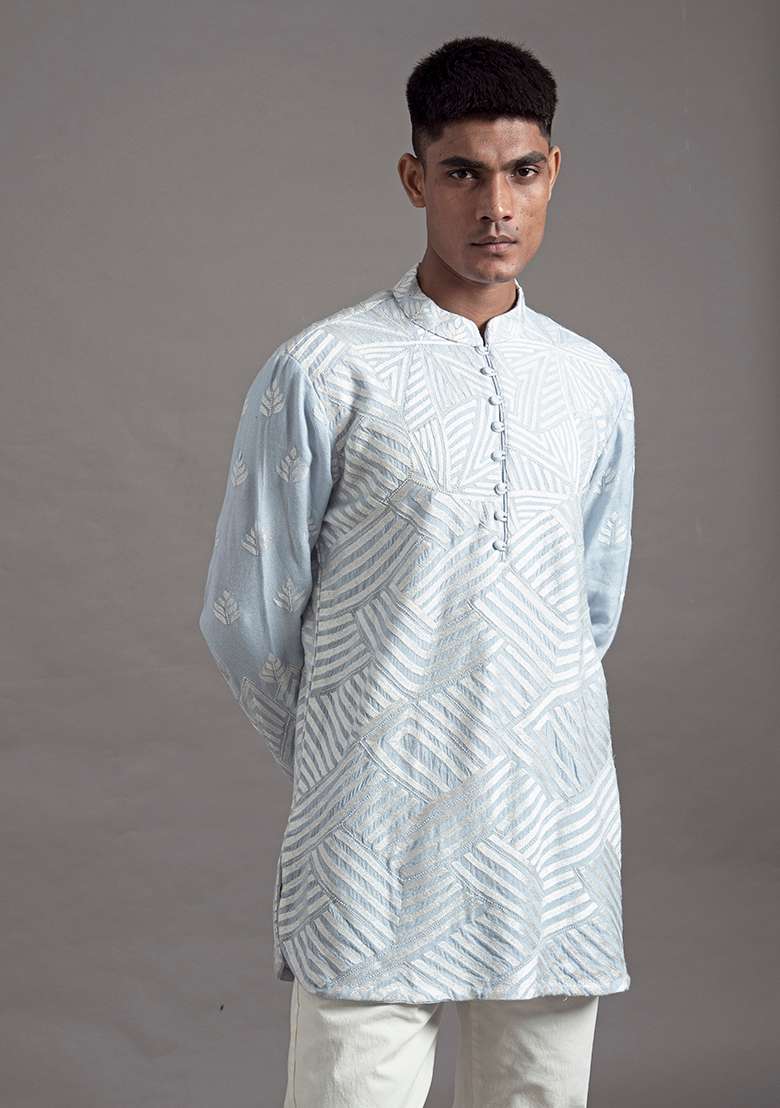 Blue Thread Work Silk Blend Short Kurta For Men - Indya